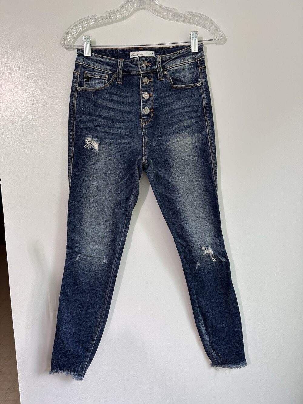 Kancan Size 26 Denim Skinny Jeans Button Fly Chew Hems Mid Rise Distressed
